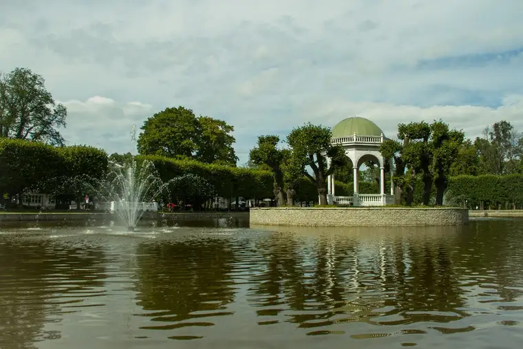 The gazebo and fountain on the Swan Pond